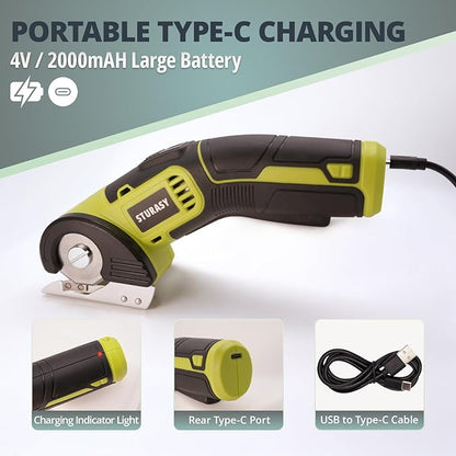 Cordless Electric Scissors, Power Cardboard Cutter with Safety Lock, 4V 2000mAh Electric Box Cutter for Cardboard, Fabric, Carpet, Leather, Paper, Plastic, Packages, Green Rotary Cutter