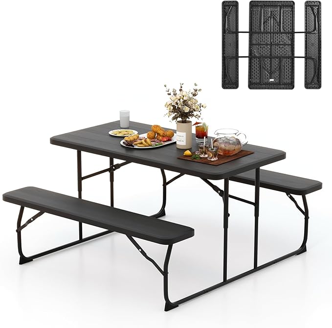 Tangkula Folding Picnic Table with 2 Benches, Outdoor Metal Camping Table Set with Plastic Wood-Like Texture Tabletop & Steel Frame, Foldable Camping Table for Picnic, Party, BBQ (Black)