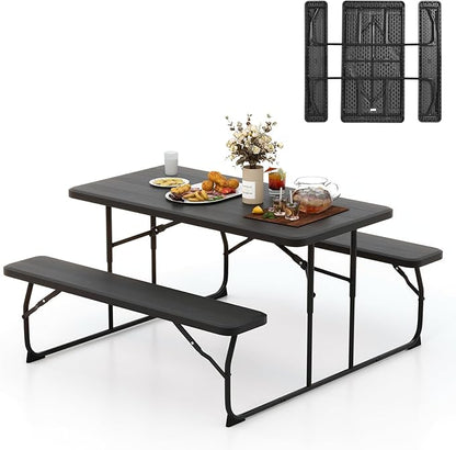 Tangkula Folding Picnic Table with 2 Benches, Outdoor Metal Camping Table Set with Plastic Wood-Like Texture Tabletop & Steel Frame, Foldable Camping Table for Picnic, Party, BBQ (Black)