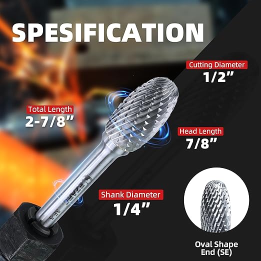 EZARC Tungsten Carbide Rotary Burr Bit, SE-5 Ball Double Cut Carbide Burr 1/4" Shank Die Grinder Cutting Burrs Bit for Metal Working & Sturdy Storage Case