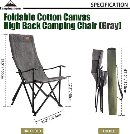 CAMPINGMOON Foldable Cotton Canvas Camping Chair for Campfire High Back Chair Gray F-1001C-H