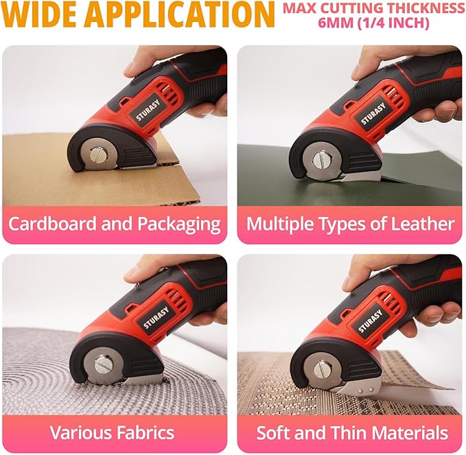 Cardboard Cutter with Safety Lock, Red Cordless Electric Scissors Two Blades, Rechargeable 4V 2000mAh Electric Rotary Cutter for Cardboard, Fabric, Carpet, Leather, Paper, Plastic, Packages