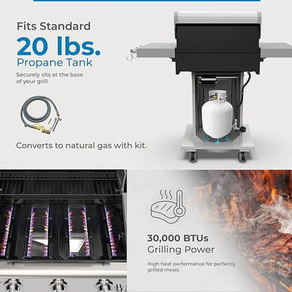 Kenmore 3-Burner Propane BBQ Grill, 30,000 BTUs Gas Grill with Cast Iron Cooking Grates, Folding Side Tables & Wheels, Outdoor Grill with Tool Hooks, Pearl White + Bonus Cover