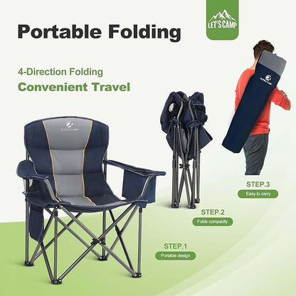 LET'S CAMP Folding Camping Chair Oversized Heavy Duty Padded Outdoor Chair with Cup Holder Storage and Cooler Bag, 450 LBS Weight Capacity, Thicken 600D Oxford