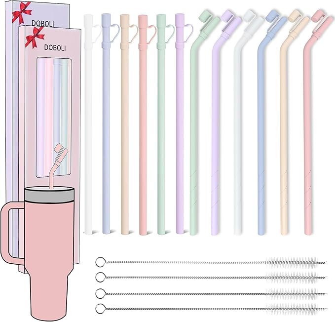 Doboli 12 Pack Replacement 12&13 inch Long Silicone Straw With Straw Cover,Compatible with Stanley 40 oz 30 oz Cup Tumbler, Reusable Straws with Cleaning Brush,for Stanley Tumbler Accessorie