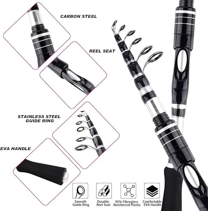 2PCS Telescopic Fishing Rods and Reels Combo Set 6.89ft Portable Fishing Pole Spinning Reel Lures Accessories with Storage Bag Saltwater Freshwater Fishing Pole Combo Fishermen Gift