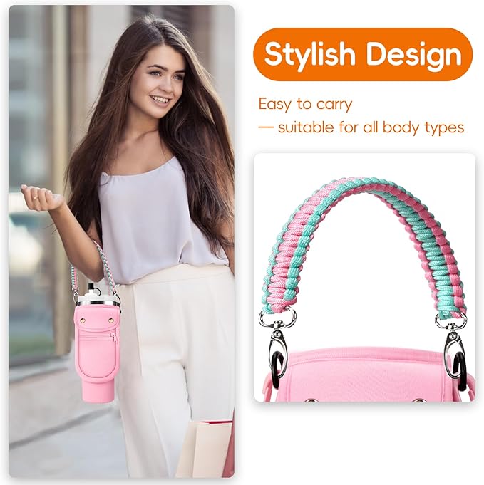 Water Bottle Carrier Bag with Phone Pocket for Stanley 40/30 oz Tumbler Neoprene Insulated Mug Sleeve Pouch with 2 Pockets & Adjustable Strap & Straw Cover for Stanley Cup Accessories