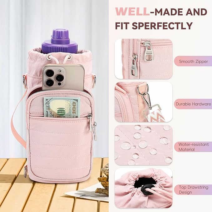 Water Bottle Carrier Bag with Strap, Sling Bag for Walking, Hiking, Cycling, Black, 40 Ounces