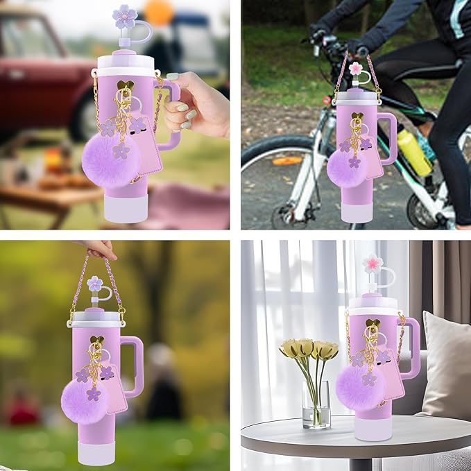 Velaco 11 PCS Accessories for Stanley Cup, Water Bottle Handle Strap for Stanley 30/40 oz tumbler with handle, including Straw Toppers, Silicone Cup Boot, Keychain Charms - Purple