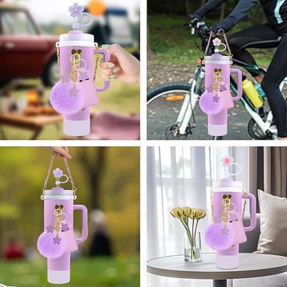 Velaco 11 PCS Accessories for Stanley Cup, Water Bottle Handle Strap for Stanley 30/40 oz tumbler with handle, including Straw Toppers, Silicone Cup Boot, Keychain Charms - Purple