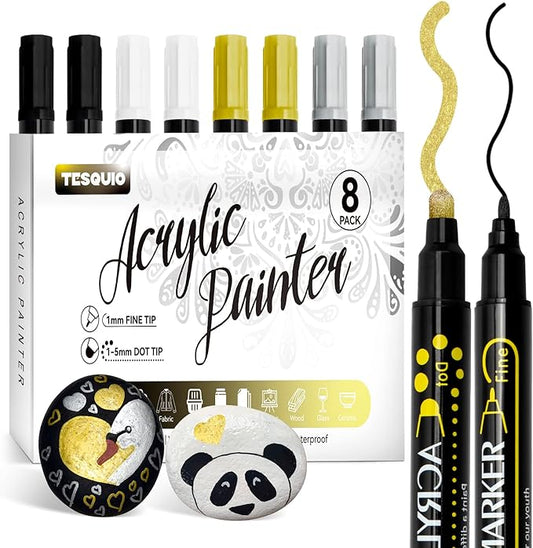 8 pcs Silver Gold White Black Dual Tip Acrylic Paint Pens Markers, Premium Acrylic Paint Pens for Wood, Canvas, Stone, Rock Painting, Glass