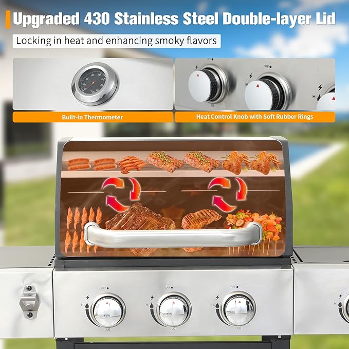 CIG GARDEN 3-Burner Propane Gas Grill With Side Burner,Double-layer Stainless Steel BBQ Grill Lid with Cast Iron Grates,41,500 BTU Output Perfect for Outdoor Cooking,Backyard,Camping,BBQ Grill