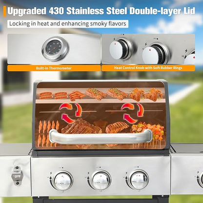 CIG GARDEN 3-Burner Propane Gas Grill With Side Burner,Double-layer Stainless Steel BBQ Grill Lid with Cast Iron Grates,41,500 BTU Output Perfect for Outdoor Cooking,Backyard,Camping,BBQ Grill