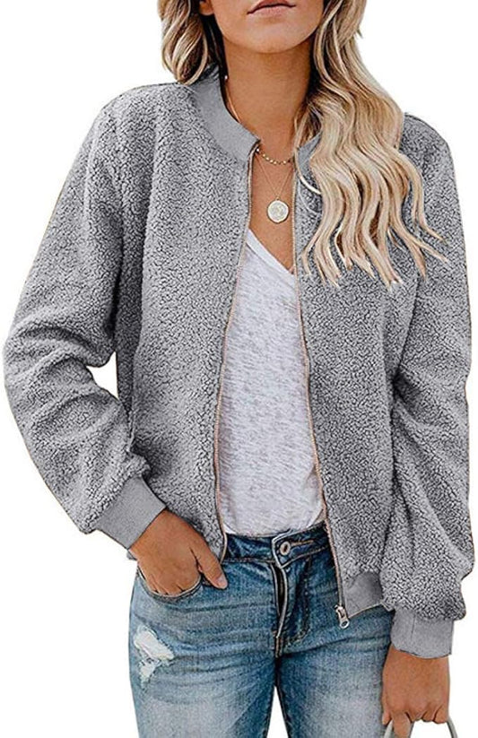 MIROL Women's Fall Trendy Fleece Jacket Faux Sherpa Fuzzy Casual Long Sleeve Zip Up Loose Fit Bomber Winter Coat