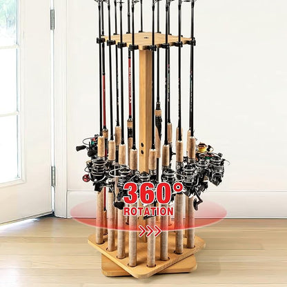 Ghosthorn Fishing Rod Holders for Garage 360 Degree Rotating Fishing Pole Rack, Floor Stand Holds up to 16 Rods Wood Fishing Gear Equipment Storage Organizer, Fishing Gifts for Men Women