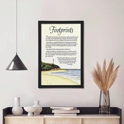 Footprints in the Sand Religious Canvas Wall Art Posters, Inspirational Beach Sunset Poem Print Poster (Black Framed 12x18inch, Footprints(5))
