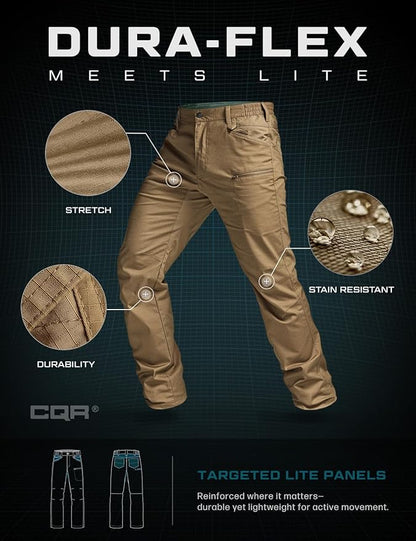 CQR Men's Flex Stretch Tactical Pants, Water Resistant Ripstop Cargo Pants, Lightweight EDC Outdoor Work Hiking Pants
