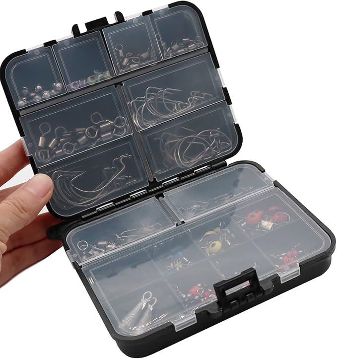 Fishing Accessories Kit with Hooks, Bass Casting, Sinkers, Swivels, Snaps, Sinker Slides, Line Beads, Fishing Set with Tackle Box Lanyard