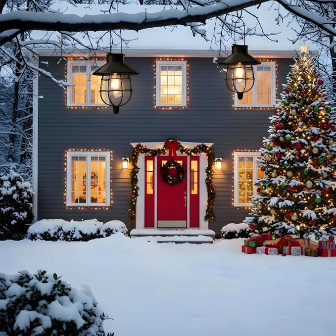 2 Pack Solar Lanterns Outdoor Waterproof Hanging Solar Lights with Vintage Metal Warm White Light Edison Bulb Design, Decorate for Garden Yard Porch and Christmas(Black)