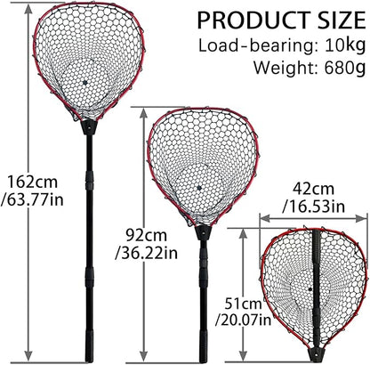 Telescoping Metal Lock Fishing Net with Handle Red Green 64" 52" 3-Section Rubber Fish Net - Adjustable Length Lightweight Foldable Large Big Collapsible Extendable Fishing Net