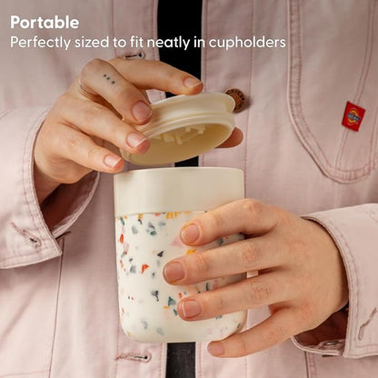 W&P Porter Ceramic Mug w/ Protective Silicone Sleeve, Terrazzo Blush 12 Ounces | On-the-Go | Reusable Cup for Coffee or Tea | Portable | Dishwasher Safe
