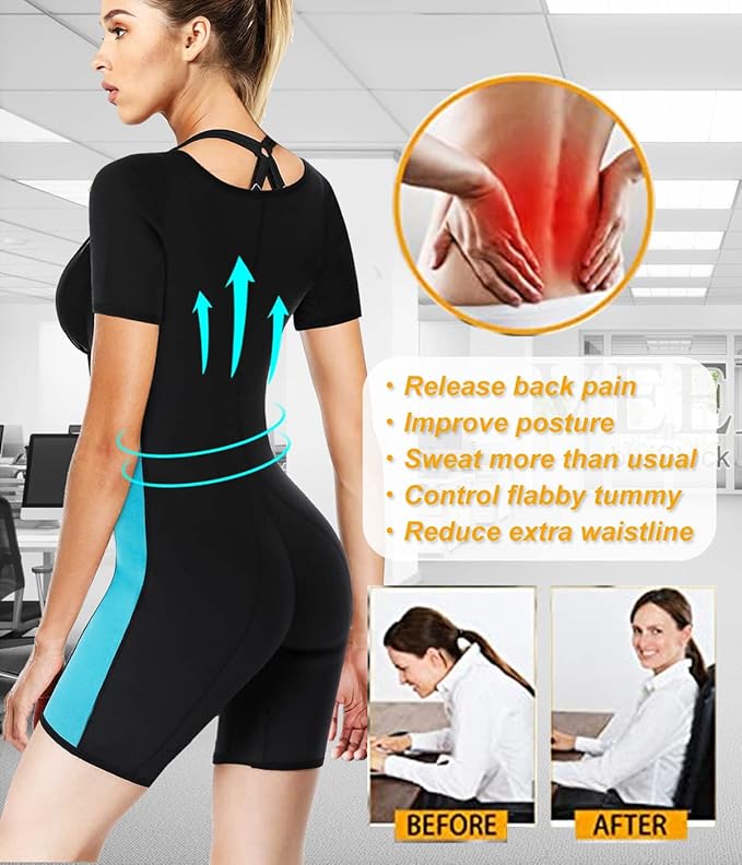 NonEcho Neoprene Sweat Sauna Suit Shaper for Women Slimming Full Body Shapewear Waist Trainer Workout Top with Sleeve