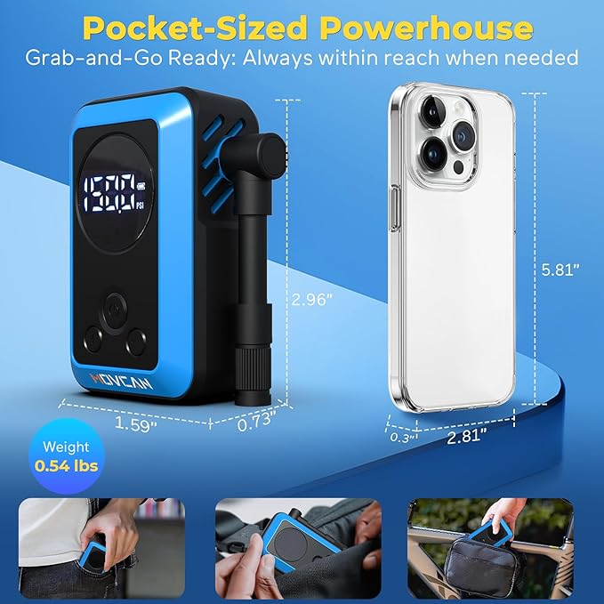MOVCAN Mini Bike Pump,33s Fast Bicycle Pump with Guage,150PSI Portable Electric Bike Air Pump with Presta and Schrader Valve,Inflation Needle for Bike, Motorcycle, Mountain Bike, Ebike,Car, Balls