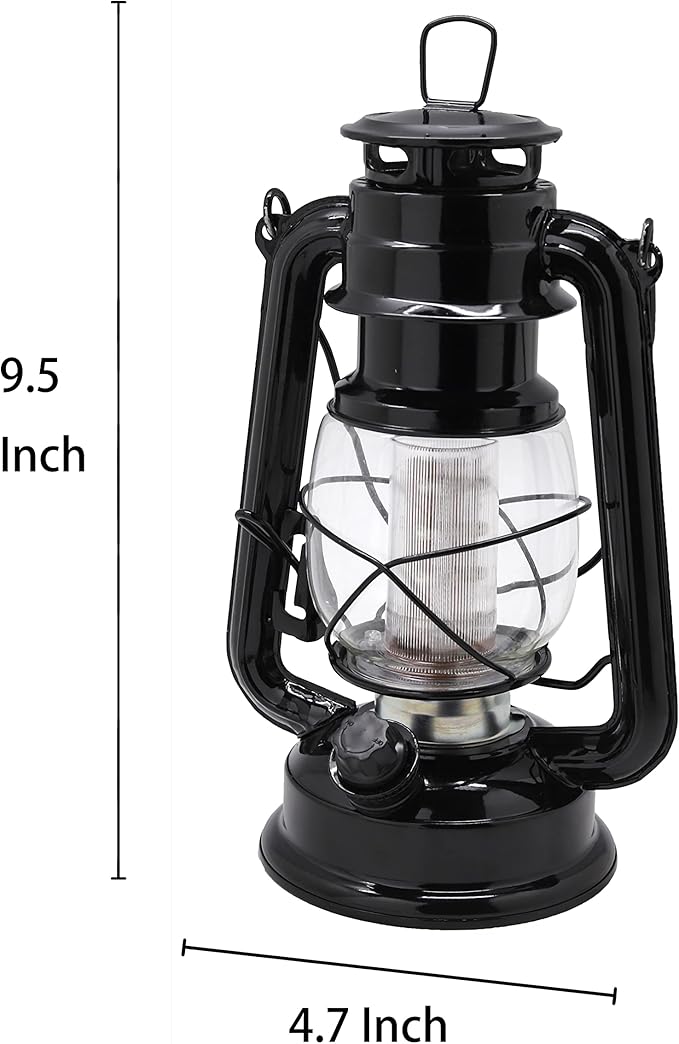 YAKii LED Vintage Lantern Metal Hanging Hurricane 12 LED Dimmer Switch Cold White Battery Operated Power Outage Indoor Camping Lighting Outdoor Brooklyn Decoration(Black)
