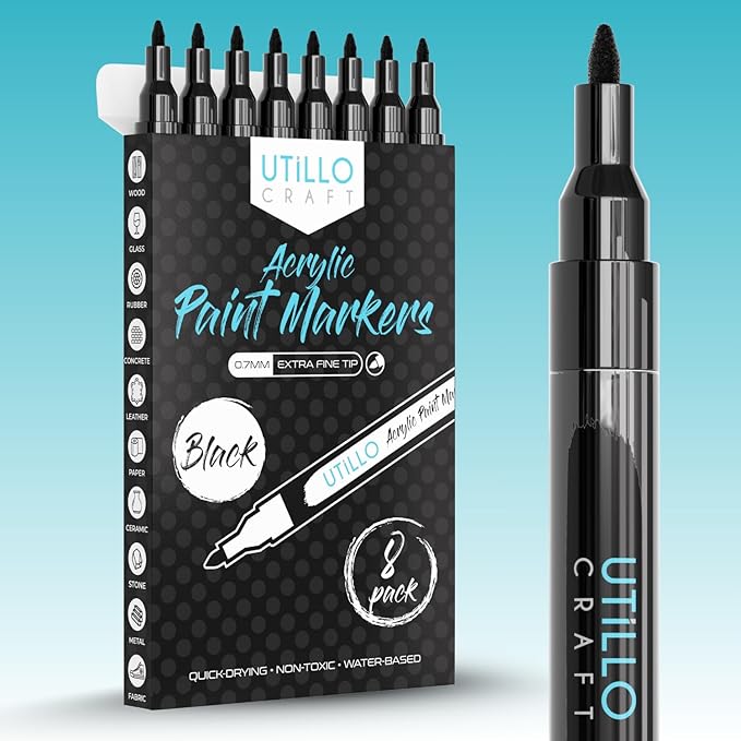 Utillo Craft (8-Pack BlackPaint Pens | Extra Fine Tip Made in Japan | Bold Color+100% Coverage on Rock, Wood, Glass, Paper, Plastic, Metal, Canvas, Fabric | 0.7mm Black Acrylic Paint Markers