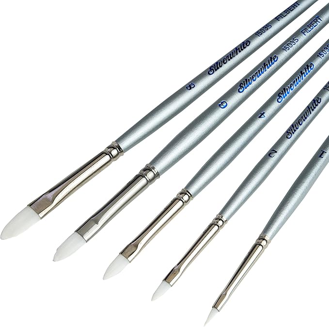 Silver Brush Limited SW-1586S Silverwhite Short Handle Filbert Brushes with Soft White Synthetic Taklon, 5pc Professional Painting Set for Acrylic, Watercolor, Gauche, Ink, Dye, Craft Paint & Tempera