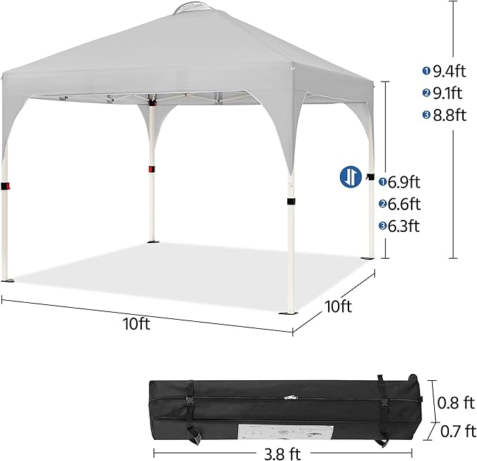 Yaheetech 10x10 Pop Up Canopy Tent with Vent, Easy Set Up Tent, Instant Sun Shelter Canopy with Wheeled Bag, 4 Sandbags, 12 Stakes & 4 Ropes, for Parties, Beach, Outdoor, Light Gray