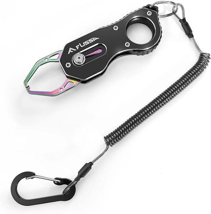 FLISSA Fish Gripper, Fish Lip Grip Tool with Carabiner and Spring Anti-Lost Rope, Durable Stainless Steel Fish Grabber Gripper, Lightweight Holder for Fishing, Corrosion Resistant & Portable