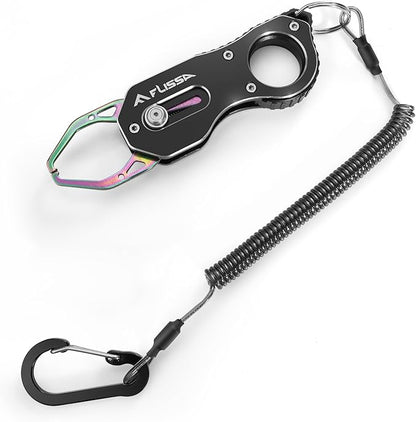 FLISSA Fish Gripper, Fish Lip Grip Tool with Carabiner and Spring Anti-Lost Rope, Durable Stainless Steel Fish Grabber Gripper, Lightweight Holder for Fishing, Corrosion Resistant & Portable