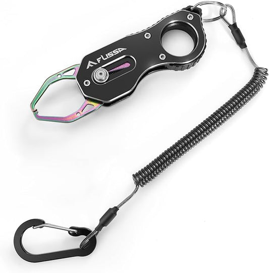 FLISSA Fish Gripper, Fish Lip Grip Tool with Carabiner and Spring Anti-Lost Rope, Durable Stainless Steel Fish Grabber Gripper, Lightweight Holder for Fishing, Corrosion Resistant & Portable