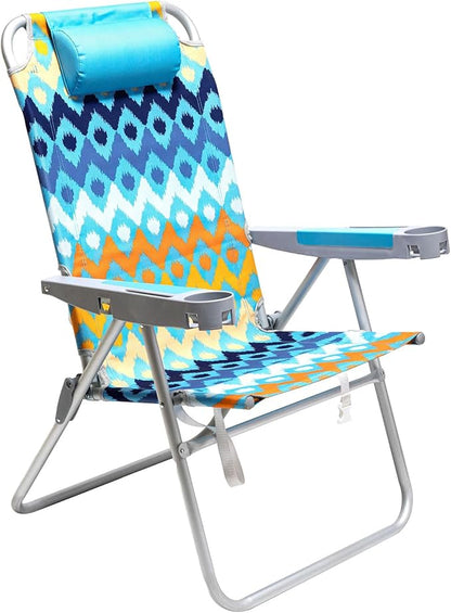 SUNNYFEEL Extra Wide 28" Folding Beach Chair 5 Position Lay Flat, Portable 17" Tall Camping Chair with Cup Holder for Outdoor/Lawn/Trip/Picnic, Lightweight Foldable Sand Chairs for Adults (Wave)