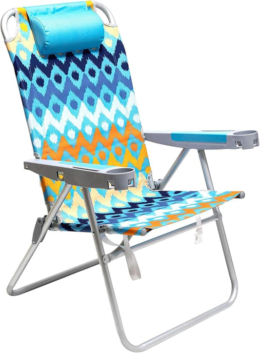 SUNNYFEEL Extra Wide 28" Folding Beach Chair 5 Position Lay Flat, Portable 17" Tall Camping Chair with Cup Holder for Outdoor/Lawn/Trip/Picnic, Lightweight Foldable Sand Chairs for Adults (Wave)