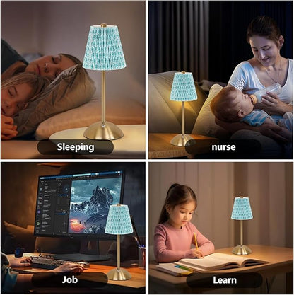 Cordless LED Table Lamp with Dimmer, Built-in Rechargeable Battery, 3-Level Brightness, Patio Table Lamp, Bedside Night Lamp, Ambient Light for Restaurant, Antique Brass (Green Flower)