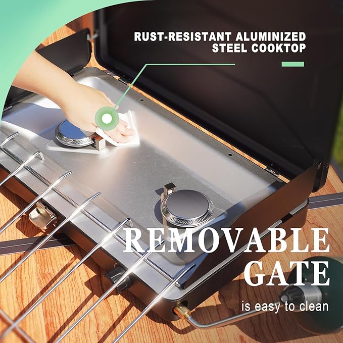 VANSTON 2-Burner Propane Camping Stove, 20,000 Total BTUs Portable Gas Camping Grill, Stovetop with Adjustable Burners, Wind Guards, Heavy-Duty Latch, Built-in Carrying Handle, Pressure regulator