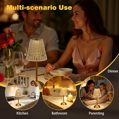 Cordless Table Lamp with Touch Control - 3000mAh Rechargeable, Small Crystal 3-Color Dimmable Ambient Light for Dining Table, Bedside, Kitchen, Entryway, Bathroom, Restaurant, Gifts