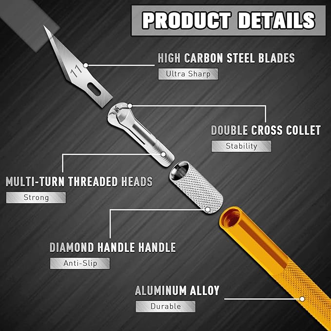 DIYSELF 2 Pack Exacto Knife Set, Precision Knife for Paper, Carving Blades for Crafts, Craft Knife for Wallpaper, Art Knives, Hobby Knife with 20 High Carbon Steel Exacto Knife Blade #11(Gold)