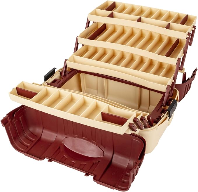 Flambeau Outdoors 2059 Hip Roof 7-Tray Fishing Tackle Box - Large Portable All-Weather Fishing Lure Organizer, 61 Compartments, Maroon/Tan