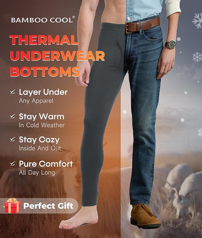 Men's Heavyweight Thermal Underwear Long Johns Bottom with Soft Wool Lining, Stretch Comfortable Base Layer for Cold Weather
