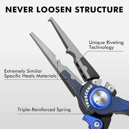 TRUSCEND Lockable Handy Fishing Pliers with Innovative Ergonomical Handle, Corrosion Saltwater Resistant Teflon Coated Fishing Tool, Multi-Function Fishing Gear with Mo-V Cutter, Fishing Gifts for Men