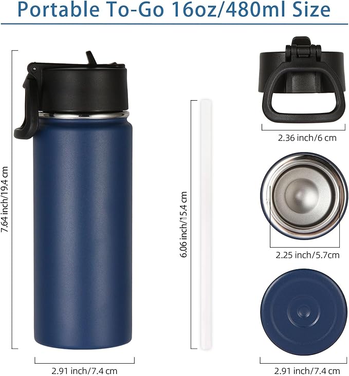 Volhoply Kids Insulated Water Bottle with Straw,16oz Stainless Steel Cold Water Bottles for School,BPA-Free Metal Wide Mouth Cups with Handle Lid,Reusable Double Wall Vacuum Sport Flask(Navy,1)