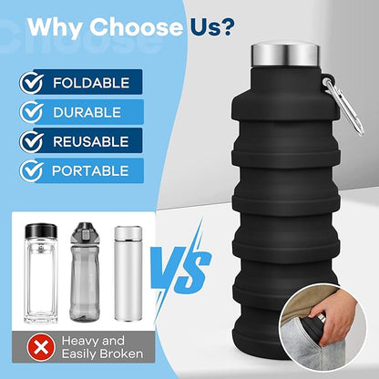 Collapsible Water Bottle,17oz Reuseable BPA Free Silicone Foldable Water Bottles for Travel Gym Camping Hiking Outdoor Indoor Sport-Gray