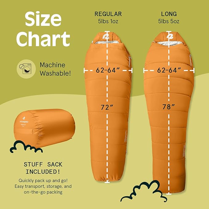 Retrospec Dream Sleeping Bag - 5, 15, 30 Mummy for Camping, Insulated Cold Weather, Lightweight Stuff Sack, Water-Resistant, Adjustable Draw Cords, Adult