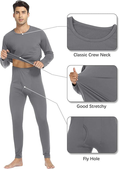 URATOT 2 Sets Men's Thermal Underwear Set Fleece Lined Thermal Underwear Soft Long Johns Top Bottom Set for Men Cold Winter