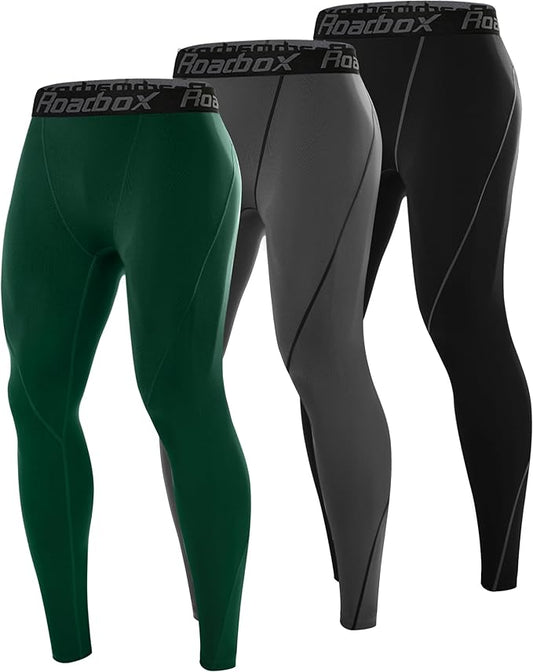 Roadbox 3 Pack Compression Pants Men, Performance Running Workout Sports Leggings, Gym Basketball Athletic Tights Base Layer