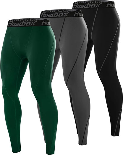 Roadbox 3 Pack Compression Pants Men, Performance Running Workout Sports Leggings, Gym Basketball Athletic Tights Base Layer