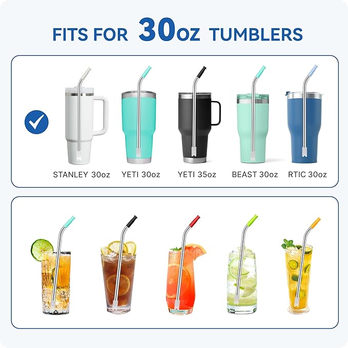 Reusable Stainless Steel Straws with Silicone Tip for Stanley 30oz, Metal Drinking Straws for 30oz Tumbler,3 Bent Tubes & 6 Tips& 1 Cleanr Brush (Tropical Teal)